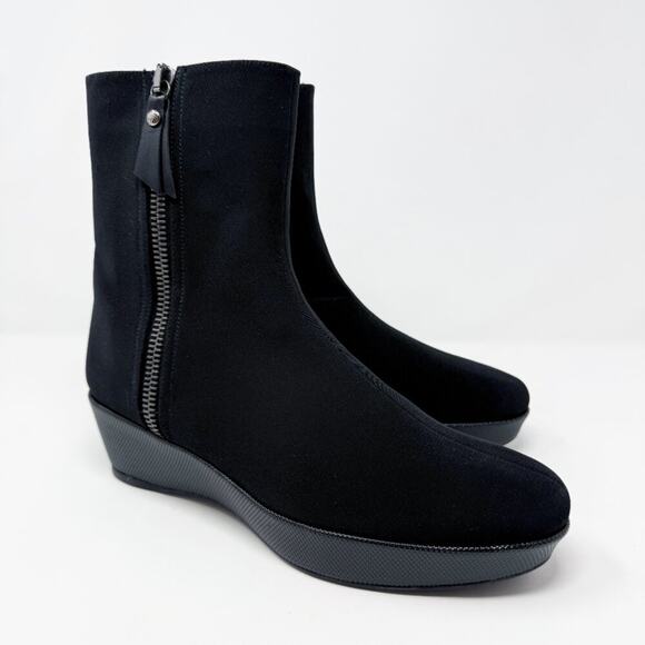 Stuart Weitzman Black Nylon Low Wedge Boots Women's 10.5N Side Zip Made in Spain - Picture 11 of 11